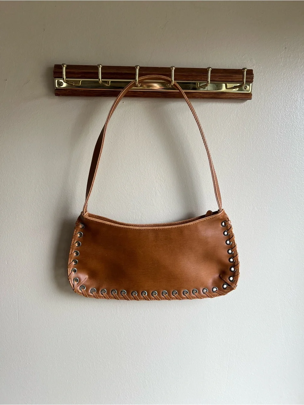 Far Nine Y2K Cognac Brown Whipstich Shoulder Bag Boho Baguette Purse